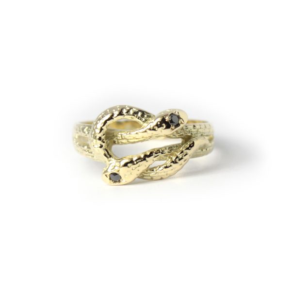 Double Snake Ring 14k Gold Black Diamond